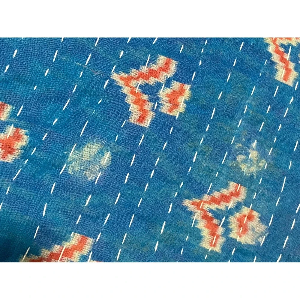 Kantha Quilt Hand Stitched Paisley Cotton Throw Blanket Reversible Blue Red Gold